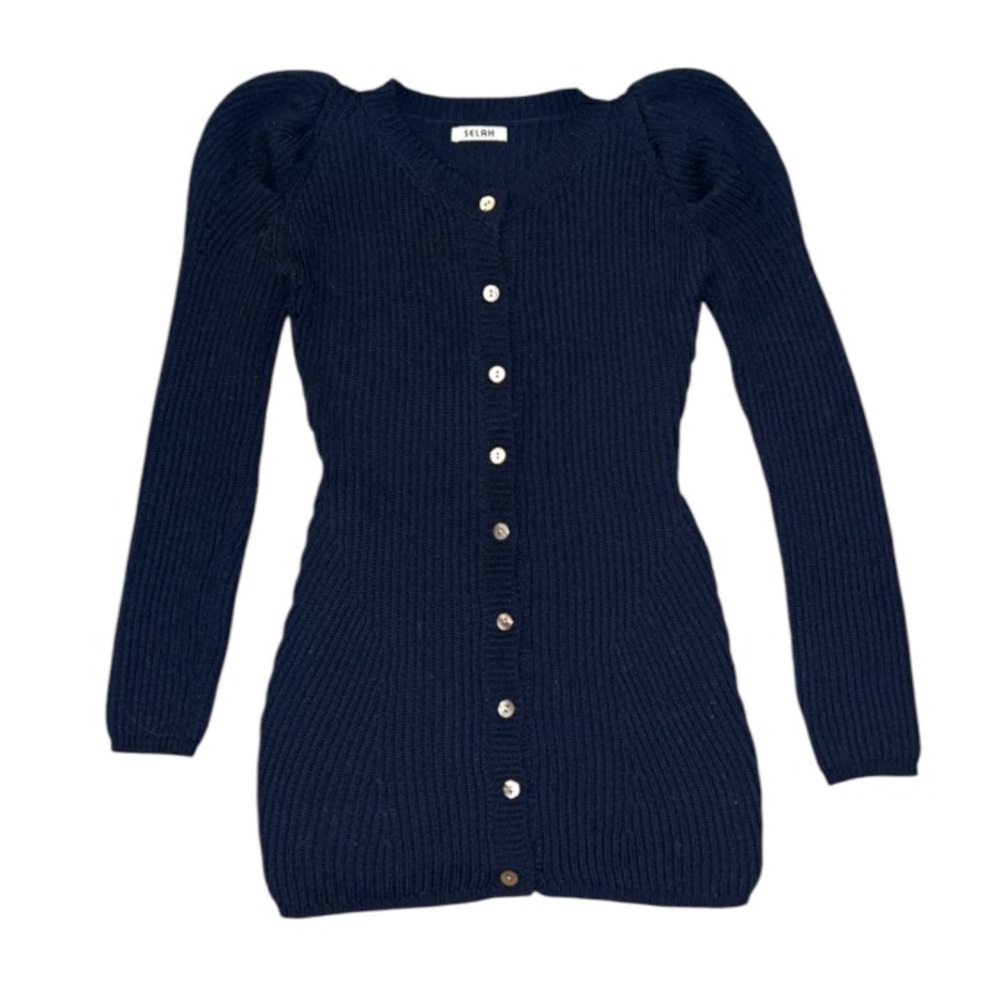 Vintage Navy Blue Long Sleeve Ribbed Button-Front Dress